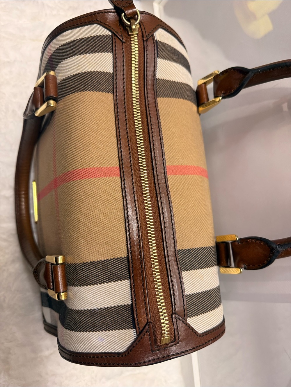BURBERRY House Check Bowling Bag Brown Leather Handle - Picture 9 of 13